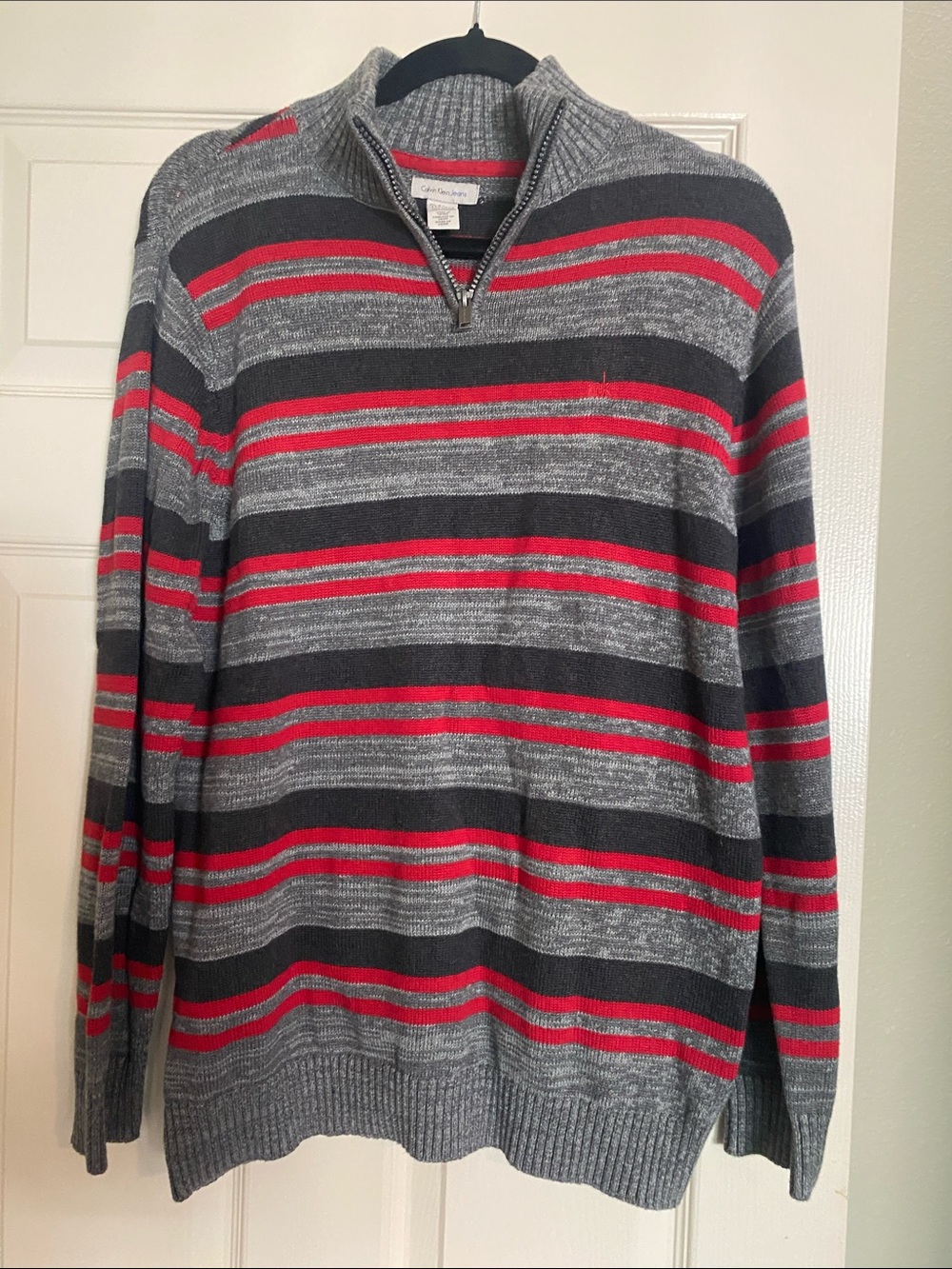 Calvin Klein Men's Gray and Red Striped Zip-Up Sweater